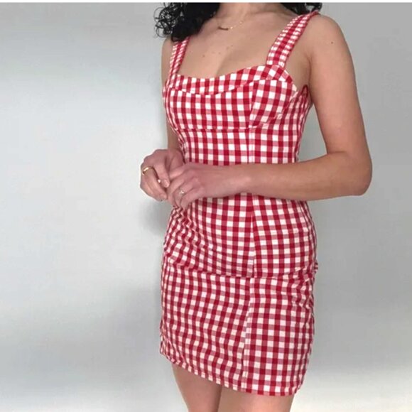 NEW Zara Bloggers Fav Cotton Red and White Gingham Sweetheart Mini Dress, Sz XS - Picture 7 of 17